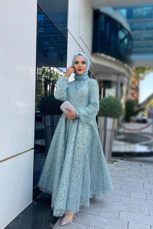 İnci Mint Renk Tesettür Abiye
