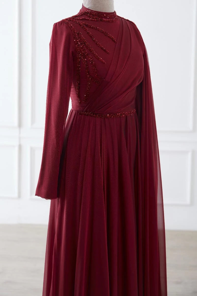 Bordo Sare Tesettür Abiye